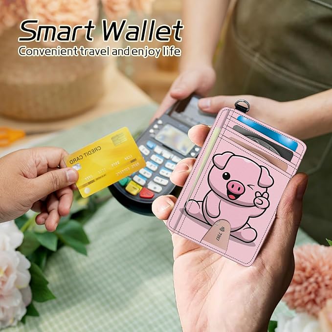 Small Travel Wallets, Pink Pig Slim Minimalist Front Pocket Wallet with Wristlet, RFID Blocking PU Leather Credit Card Holder with ID Window Change Purse for Men Women