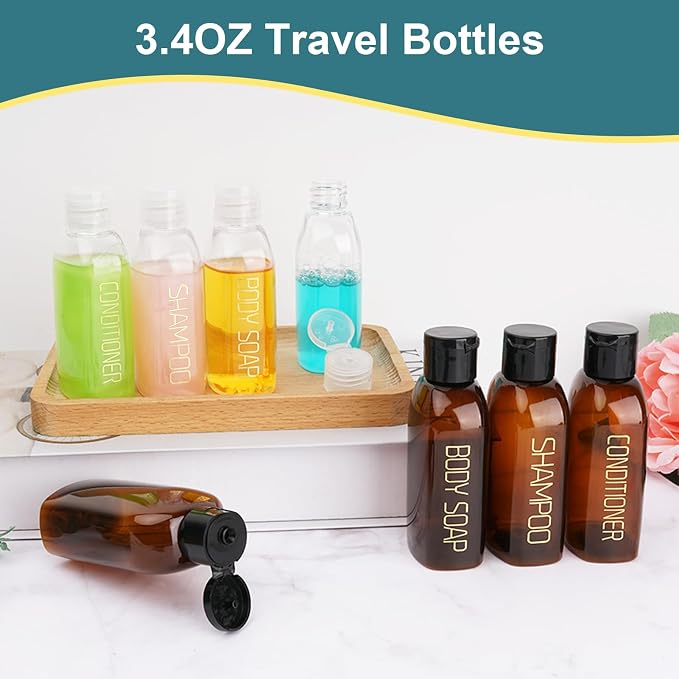 Cosywell Travel Bottles for Toiletries 8pcs 3.4oz Pre-print Travel Shampoo and Conditioner Bottles TSA Approved Travel Size Containers Leak Proof Small Plastic Squeeze Bottles with Flip Cap