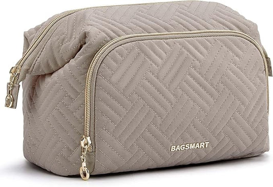 BAGSMART Travel Makeup Bag, Cosmetic Bag Small Make Up Organizer Case,Wide-open Pouch for Women Purse for Toiletries Accessories Brushes,Large Tranquil Gray