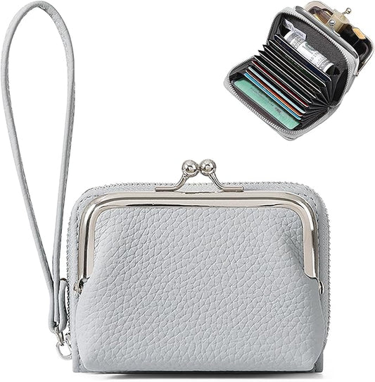 Women's Pebble Leather Wristlet Wallet, 2-in-1 Zip-Around Credit Card Holder with Kiss Lock Coin Purse, Cute Change Purse with Secure Clasp & Card Slots (Light Grey, Small)
