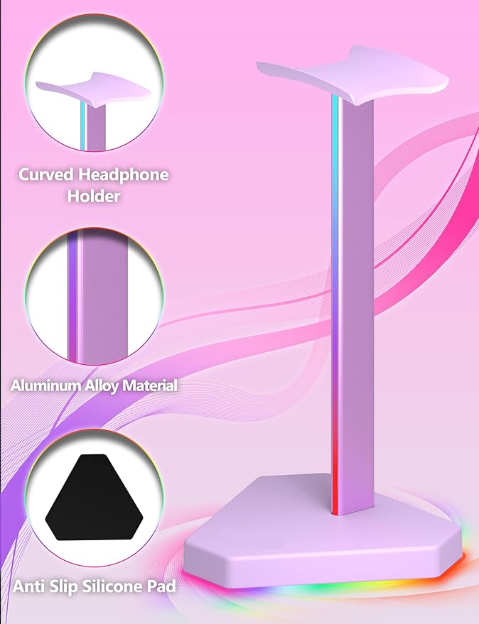 RGB Headphones Stand with 1 USB-C Data Transmission& 3 Type-C Charging Port, Desk Gaming Headset Holder with 7 Light Modes and Non-Slip Rubber Base (Purple)