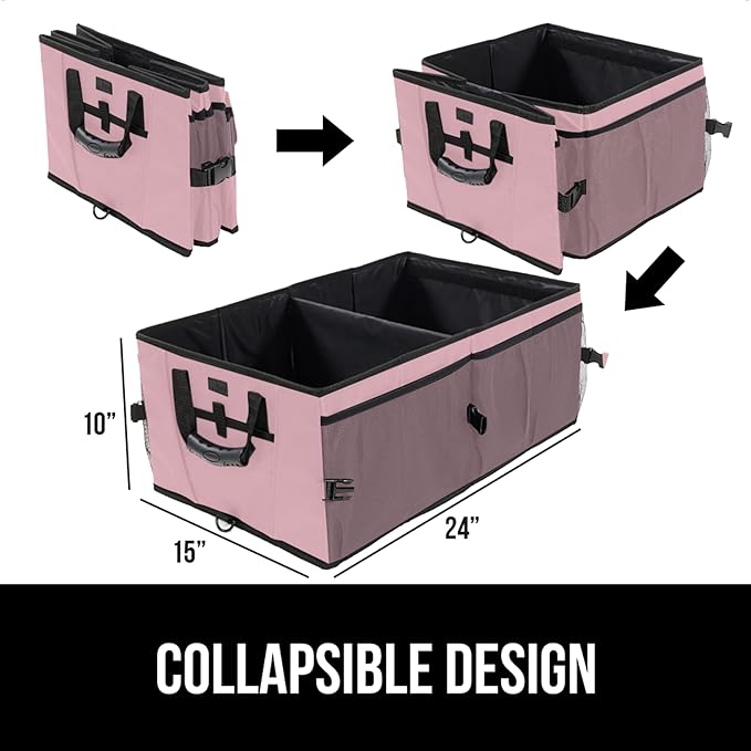 GORILLA GRIP Large Capacity Sturdy Trunk Storage Organizer, Slip and Water Resistant Collapsible Organization Container for Car Sedan or SUV, Multi Compartment Box Vehicle Accessories, Pink