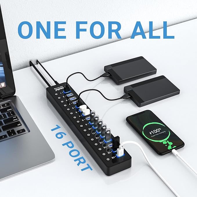 Power USB Hub 3.0, atolla 16 Port USB Splitter with 12V/6A Power Adapter and Individual Switches, High-Speed Data Transfer for Laptop, PC, Mac, and More Devices