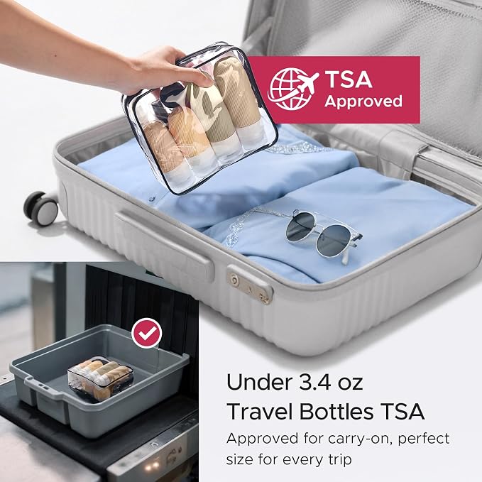 LitBear 23 Pack TSA Approved Travel Bottles for Toiletries, Leak Proof Refillable Travel Size Containers Kit with Silicone Squeezable Bottles Jars for Shampoo Lotion Conditioner, in Clear Bag, Brown