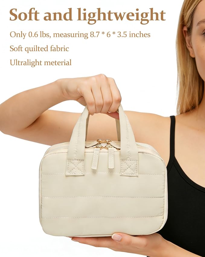 Small Makeup Bag, Travel Cosmetic bag, Toiletry Bag For Women, Make up Bag With Brush Storage, Hanging Toiletry Bag, Puffy Padded Makeup Organizer Case, Wide-open Travel Essentials (Beige)