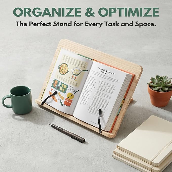 Reading Rack Wooden Bookshelf - Book Stand Foldable with 8 Adjustable Positions and Page Clips,Suitable for cookbooks、iPads、laptops、Sheet Music、and Reading Stands (11x7.9inch)