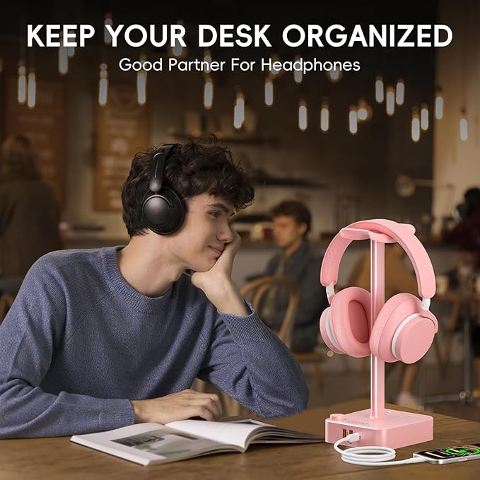 Pink Headphone Stand with USB Charger, Gaming Headset Holder with 3 USB Ports & 2 AC Outlets, PD Fast Charging & QC3.0, Desk Organizer for Girls, Gifts for Her,Girlfriend,Teen, Pink Gaming Accessories