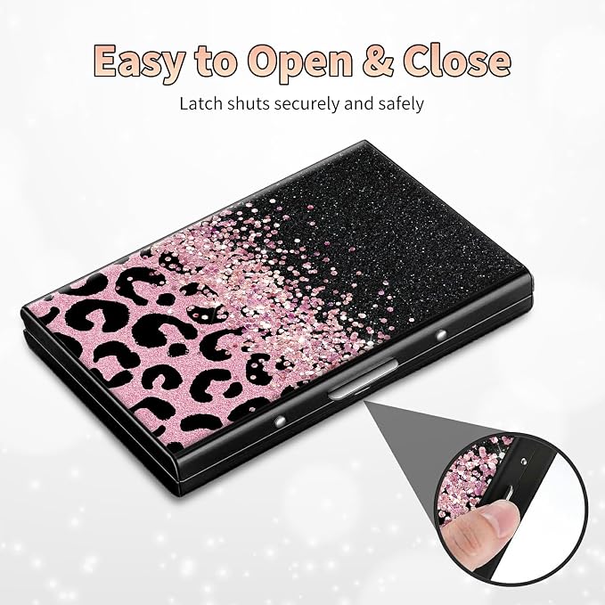 Slim Credit Card Holder, Pink Glitter Leopard RFID Blocking Metal Wallet for Men & Women, Aluminum Minimalist Hard Case Pocket-Sized Business Cards Organizer (Fits Up to 10 Cards)