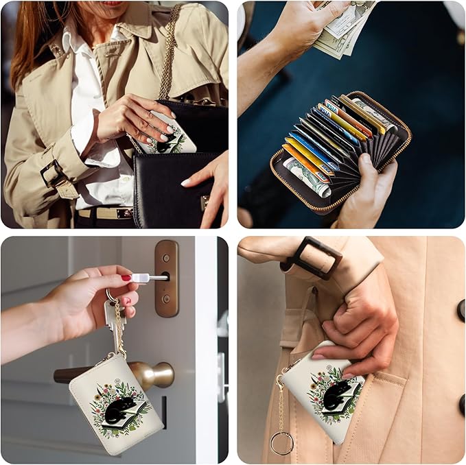Credit Card Holder RFID Wallet, Small Card Holder Wallet for Women with Keychain Zipper, Funny Leather Print Credit Card Wallets Accordion Gift