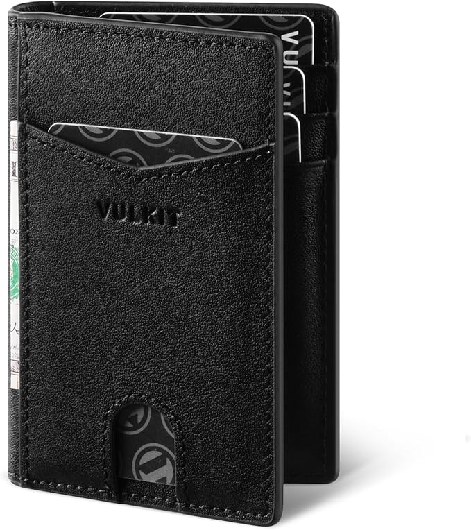 VULKIT Bifold Front Pocket Slim Wallet RFID Blocking Minimalist Thin Genuine Leather Credit Card Holder Wallet for Men and Women Nappa Black