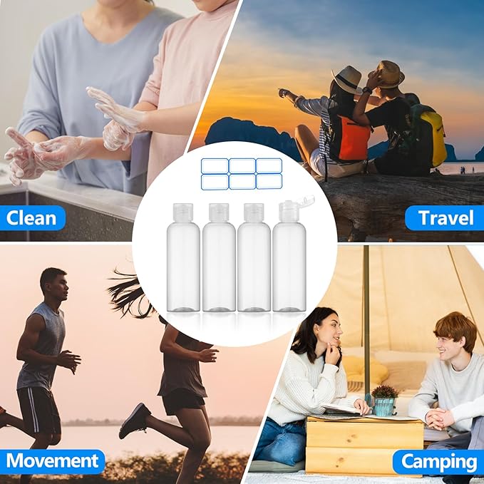 DTDNZKN 4 Pack 3.4 Oz (100ml) TSA Approved Travel Bottles for Toiletries, Leak Proof Plastic Travel Essentials Accessories with Labels | 4 Pack, TSA Approved, for Toiletries, Leak Proof, with Labels