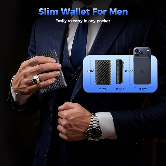 Mens Slim Minimalist Wallet Card Holder with Coin Pocket, Cash Slot, Magnetic Closure, Pop Up Aluminum Case, ID Window, Leather Wallet, RFID Blocking, 9-13 Card Capacity (Carbon Black)