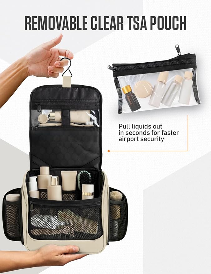 VENTURE 4TH Hanging Travel Toiletry Bag for Women & Men – Large Toiletry Organizer with 18 Compartments, Removable TSA Pouch, Travel Wash Bag for Toiletries, Makeup & Shaving Kit (Beige)