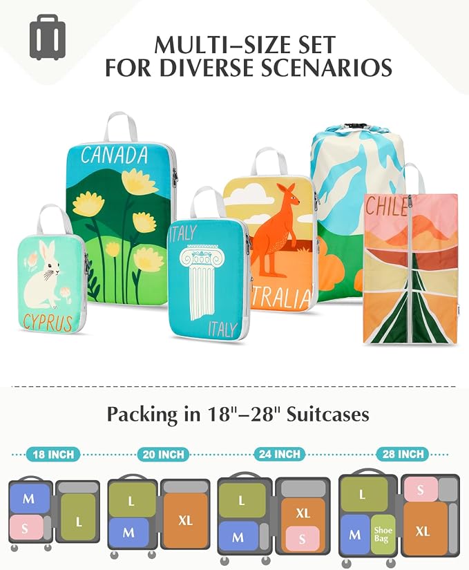Gonex Compression Packing Cubes, 6pcs Expandable Storage Travel Luggage Bags Organizers with Shoe Bag Laundry Bag, Travel Cubes for Suitcase Carry On (Global Symbols)