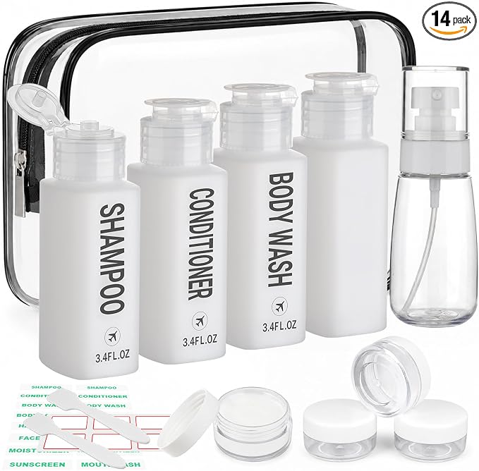 Travel Bottles for Toiletries 14PCS 3.4oz Pre-Printed Shampoo, Conditioner, Body Wash, Wide Mouth Containers TSA Approved 2oz Travel Spray Bottle Leak Proof 0.35oz Plastic Cream Jars(White)