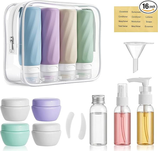 16 Pack Travel Bottles for Toiletries, TSA Approved 3oz Leak Proof Refillable Silicone Squeezable Containers Kit for Shampoo Lotion Conditioner with Toiletry Bag