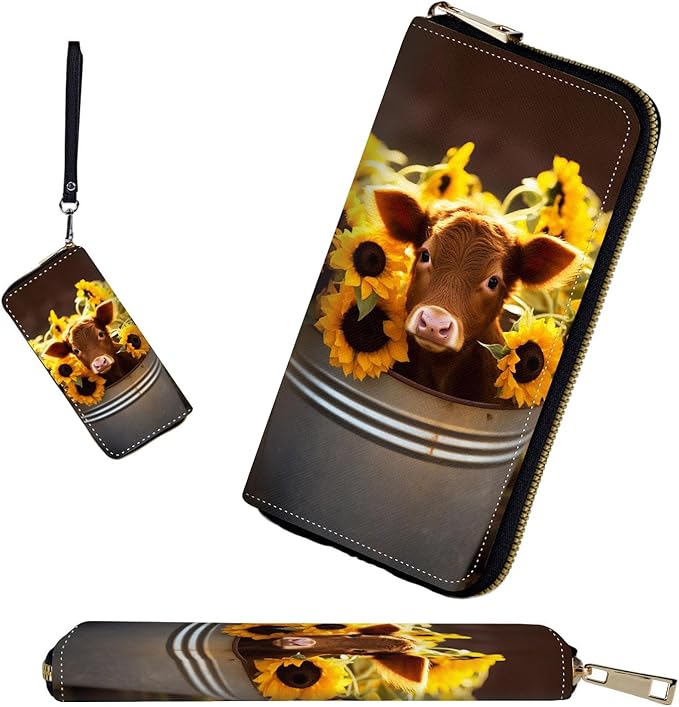RFID-Blocking Zip Around Wallets for Women with Detachable Wrist Strap,Large Capacity Phone Holder with Card Organizer & Coin Pocket,Cow with Sunflowers