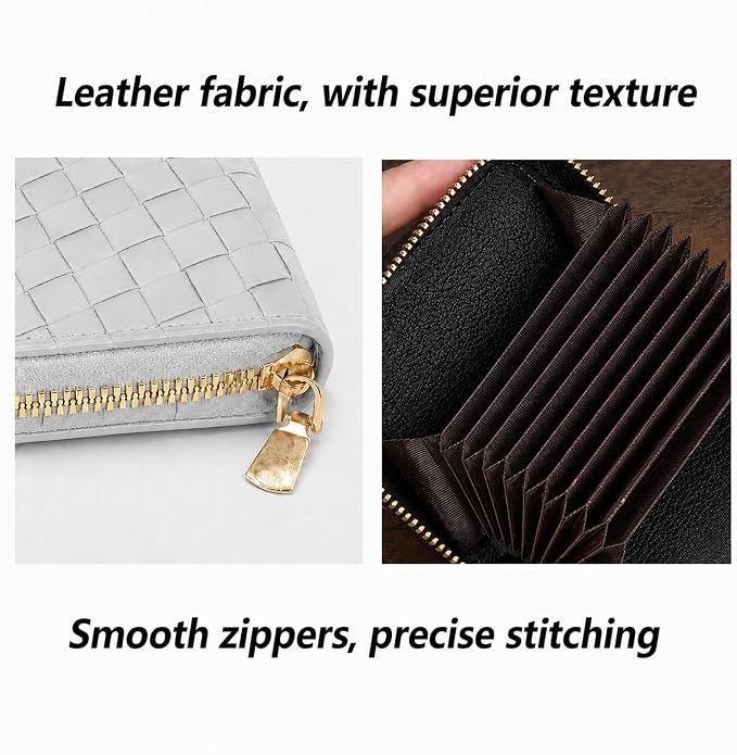 Ladies change card bag, zip storage bank card case, small portable 11 large capacity pouch, holds banknote change credit card(Braided pattern grey)