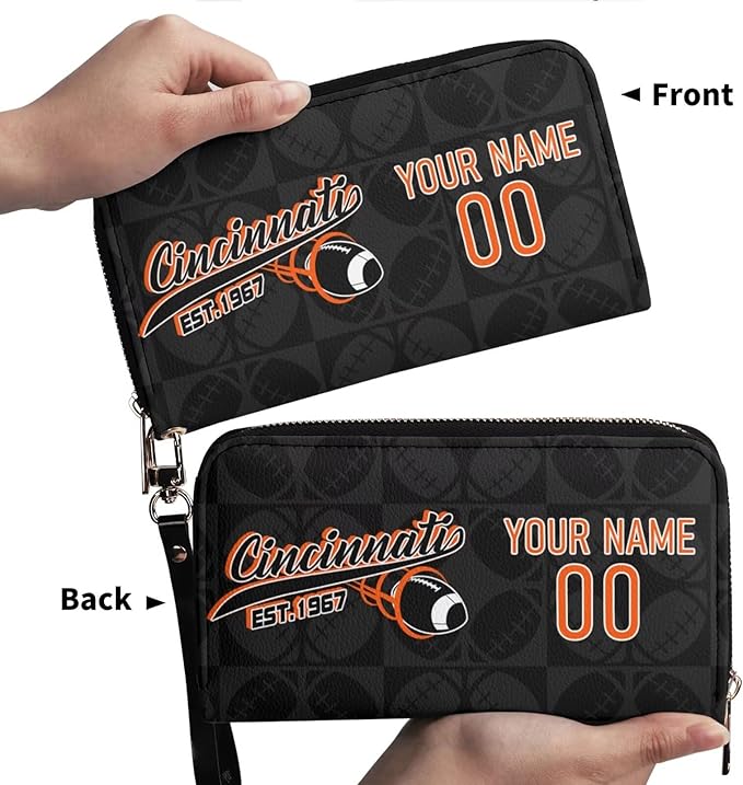 Custom Sports Team Zip Organizer Wallet-Personalized PU Leather Wallet with Name Number,Multi-Card Slots,Wrist Strap,Fan Gift for Men Women.