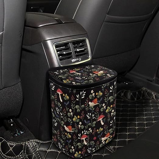 Talayituse Mushroom Snail Flower Print Car Trash Can with Lid, Leak Proof Auto Trash Bag Hanging Vehicle Garbage Can Multipurpose Storage Container for Back Seat Road Trip
