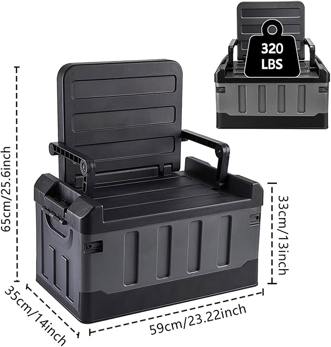 Versatile Foldable Seatable Camping Box Car Organizer Heavy Duty Storage Bins With Lids Box Trunk,Durable Plastic,60L Can Store Clothes, Toys Camping Equipment in Large Capacit (black)