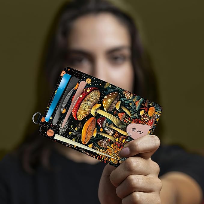 Small Travel Wallets, Magic Colorful Mushrooms Slim Minimalist Front Pocket Wallet with Wristlet, RFID Blocking PU Leather Credit Card Holder with ID Window Change Purse for Men Women