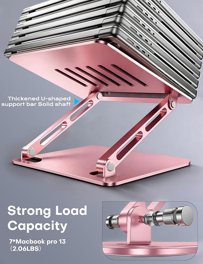 LOXP Adjustable Laptop Stand, Portable Laptop Riser, Aluminum Laptop Stand for Desk Foldable, Ergonomic Computer Notebook Holder for Desk, Office Desk Accessories (10-15.6'')- Pink