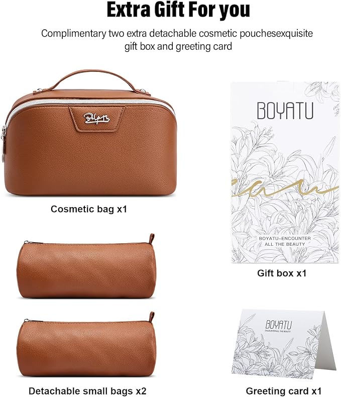 BOYATU Travel Makeup Bag Cosmetic Bags for Women: Large Capacity 3 Pcs Set Make up Bag with Compartments - Waterproof Vegan Leather Toiletry Organizer Bags with Handle (L25Brown)