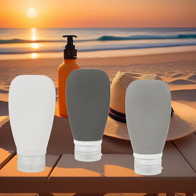 Travel Bottles for Toiletries, TSA Approved 3oz (90ml) Leak Proof Silicone Refillable Squeeze Travel Size Containers BPA Free for Cleansers, Lotions, Shampoo 3-pk (Black-Gray-White)