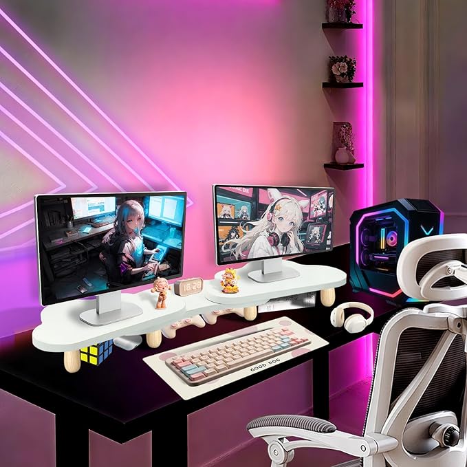 Monitor Stand Riser, Desktop Computer Stand for Desk Small Monitor Stand TV/Screen/PC/Laptop Riser Computer Stand Desktop Shelf, Desk Organizers and Accessories, Pink Desk Organizer (White, Dual)