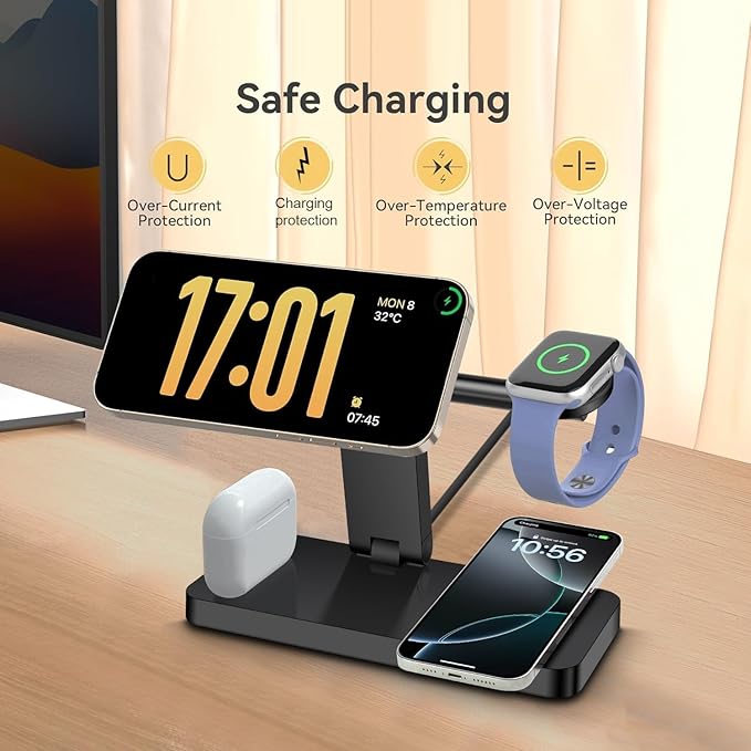 4 in 1 Wireless Charging Station, 15W Fast Wireless Charger for Mag-Safe Magnetic Charging Stand for iPhone 17 Pro Max/17 Air/16 Pro/16 Plus/15/14/13/12 mini,AirPods Pro,Apple Watch Series,Black