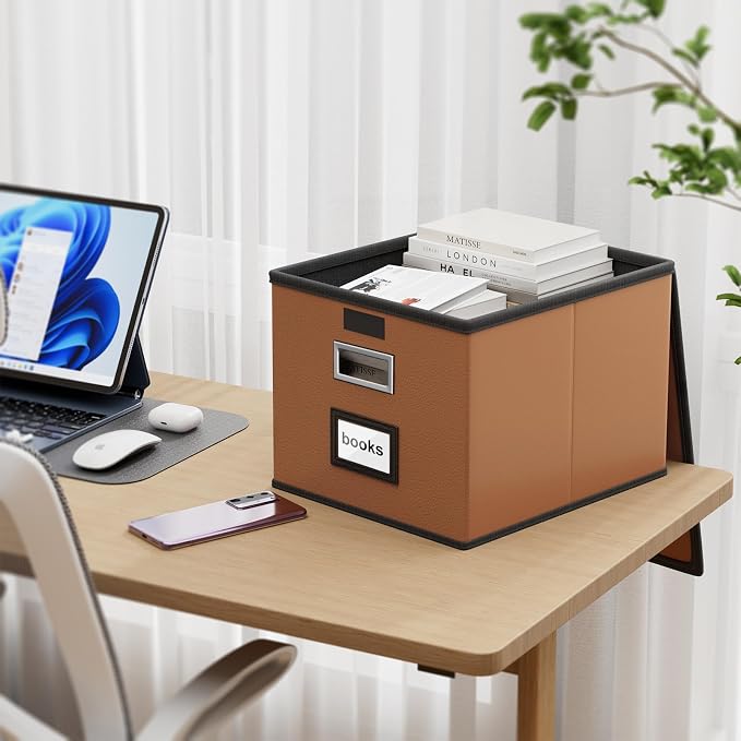 File Organizer Boxes with Lids, Collapsible Faux Leather Hanging File Folder Box Organizer with Plastic Slide, Decorative Home/Office Filing System Boxes for File and Folders Storage