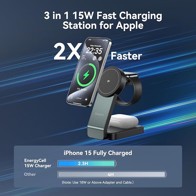 2026 3 in 1 Wireless Charging Station for Apple MagSafe Charger, Q2 15W Fast Magnetic Mag-Safe Charger Stand for iPhone 17 16 15 14 13 12 Apple Watch AirPods Series (30W USB-C Charger Included)