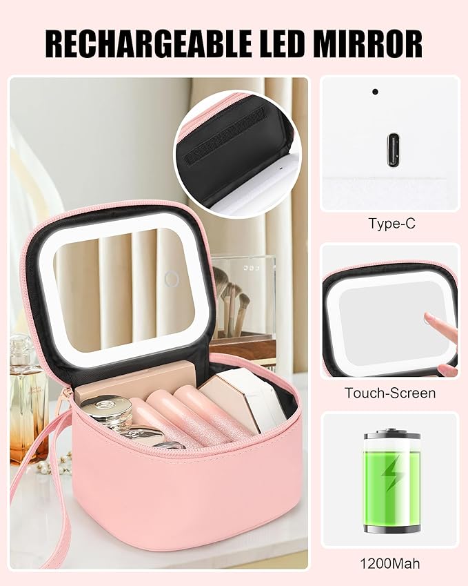 Relavel Mini Makeup Bag with Led Mirror for Mothers Day Gifts, Initial Cosmetic Bag with 3 Lighting Modes, Personalized Travel-Size Bag, Preppy Make Up Pouch for Trip - Pink B