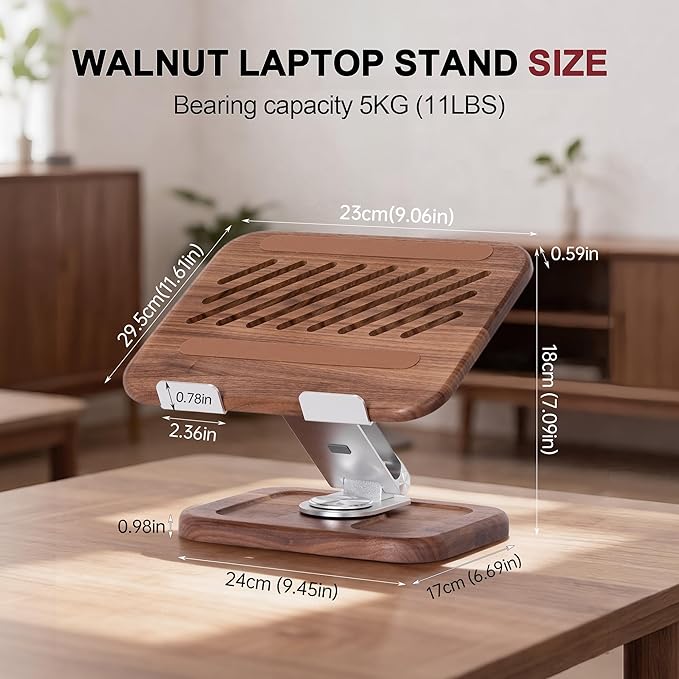 Walnut-Wooden Laptop Stand for Desk, Adjustable Height & Angle with 360° Aluminum Alloy Swivel Base, Wood Laptop Stand Compatible with MacBook Pro, All Laptops 10-17", Brown