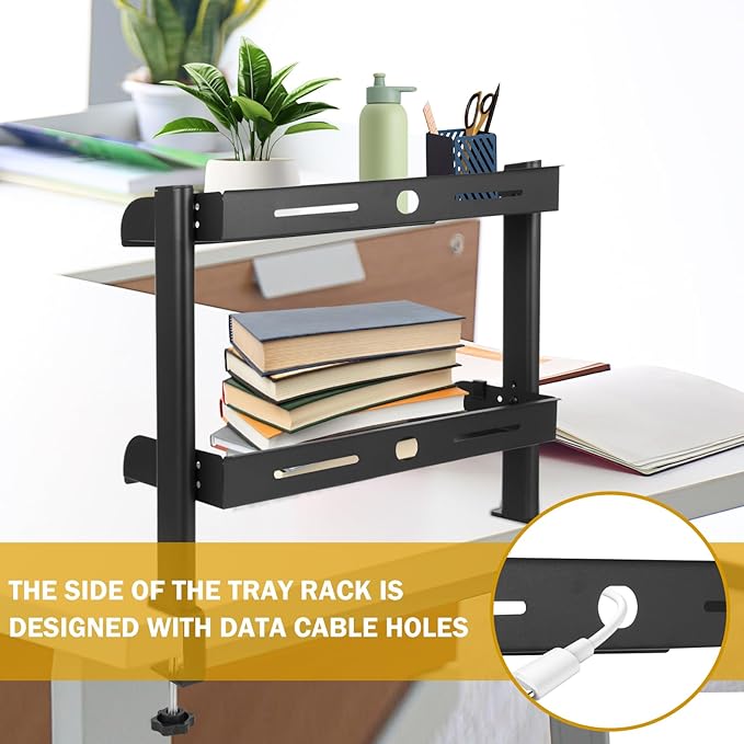Clamp on Desk Shelf Organizer, 2-Tier Clamp on Desk Shelf, 17.32" Space Saving Table Mount Storage Rack with Cable Holes and Adjustable Trays for Home Office Accessories