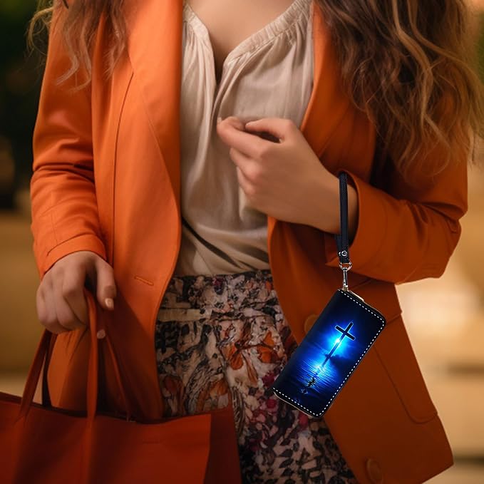 Wallet,Leather Long Wallet Suitable For Ladies And Teenagers - Detachable Wristband + RFID Travel Wallet With Card Slot - Blue Water Cross