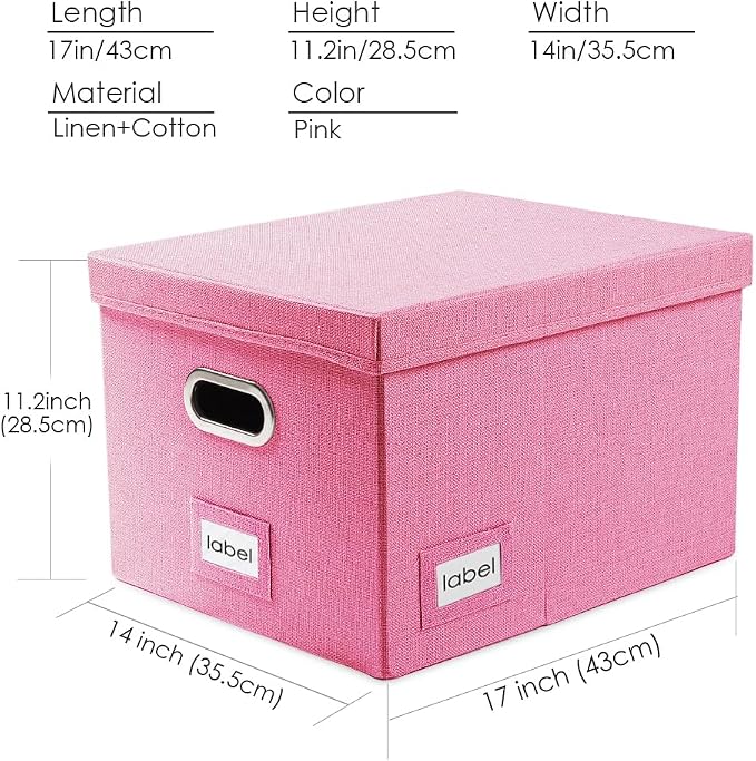PRANDOM File Organizer Box - Set of 1 Collapsible Decorative Linen Filing Storage Hanging File Folders with Lids Office Cabinet Letter/Legal Pink (17x14x11.2 inch)