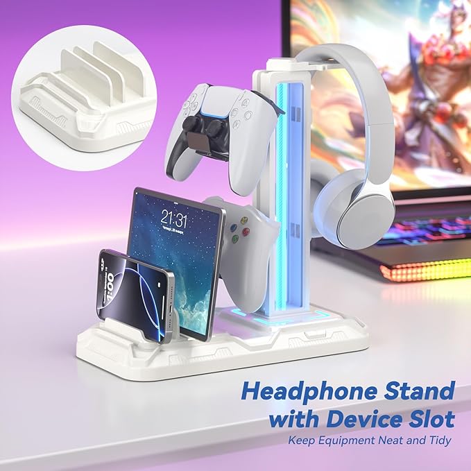 KDD Headset Stand with Charging Station - Detachable Controller Holder with 9 Light Modes - Rotatable Headphone Hanger with USB A&C Charger Ports - Earphone Hook for PC Gaming Accessories Storage