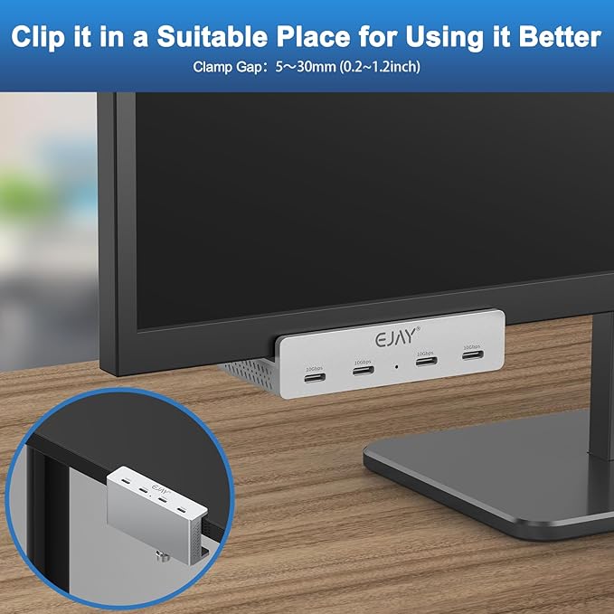 EJAY 10Gbps USB C Hub 4Ports Aluminum USB 3.2 Docking Hub Clamp Design for Desk/Computor with Extra Power Supply Port and 47inches Long Data Cable&39inches Power Cable (Silver)