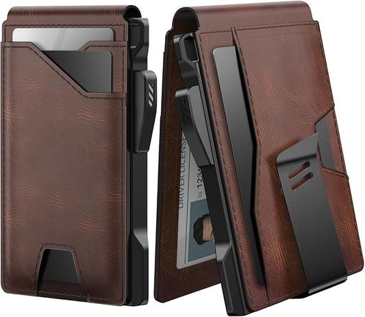 typecase Tactical Wallet for Men Card Holder: Pop Up Card Case, Genuine Leather, Smart, RFID Blocking, Slim, Minimalist, Thin, Front Pocket - 9-13 Card Capacitiy, ID Window, Money Clip (Brown)
