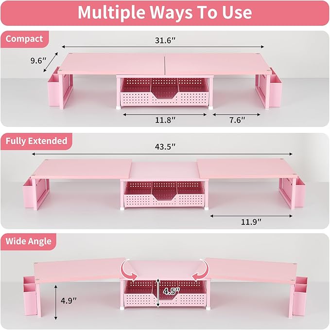OPNICE Desk Organizers and Accessories, Dual Monitor Stand Riser with Drawer and 2 Pen Holders, Desk Shelf Wood Computer Racks for Office Workspace Organizers, Desktop Organization (Pink Wood)