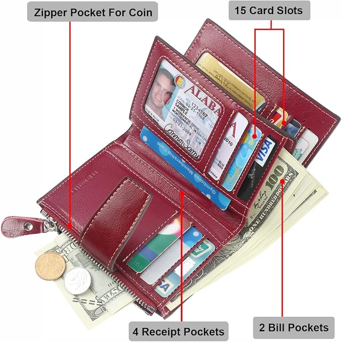 Lavemi Small Compact Women Wallet RFID Blocking Genuine Leather Bifold Purse with ID Windows