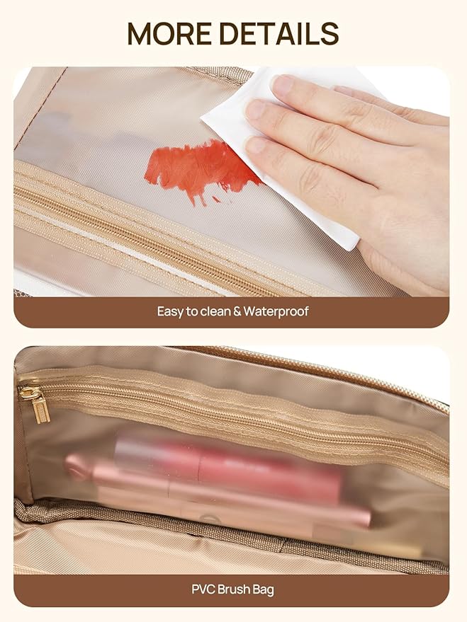 Telena Leather Make Up Bag Portable Travel Makeup Bag Waterproof Cosmetic Bags for Women Large Capacity With Handle and Divider Open Lay Flat