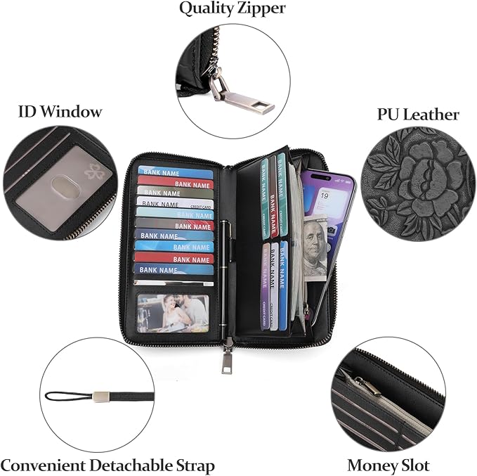 SENDEFN Women's Wallet RFID Blocking Leather Zip Around Wallet Large Capacity Long Purse Credit Card Holder with Wristlet
