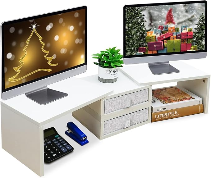 TEAMIX Dual Monitor Stand Riser with 2 Drawers - Length and Angle Adjustable White Monitor Stand with Storage Large Computer Riser for 2 Monitors/Laptop/PC, Wood Screen/TV Stand Desk Organizer