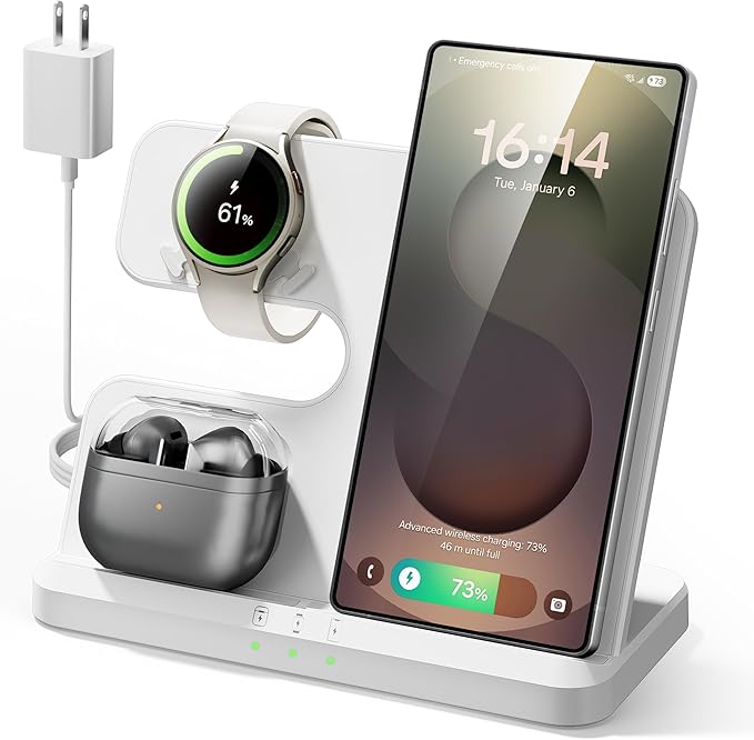 Wireless Charging Station for Samsung, 3 in 1 Charger Stand for Galaxy S25 Ultra/S24/S23/Z Fold, Phone and Watch Charging Dock for Samsung Watch Galaxy 8/7/6/5, Galaxy Buds 3/2/Pro