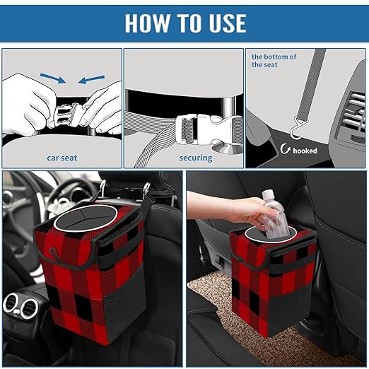 Car Trash Can Black Red Big Buffalo Plaid Classic Auto Garbage Bag Car Trash Can with Lid Leak-Proof Car Storage Bag Garbage Bag Hanging for Headrest Portable Car Backseat Organizer