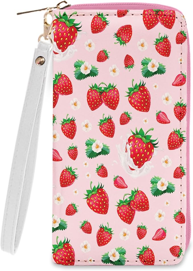 Strawberry Lovers Gift for Womens Wallet - Slim PU Leather Pink Strawberry Wallet for Women with Zipper, Credit Card Holder Wallets, Wristlet Wallets for Female Ladies Girls Birthday