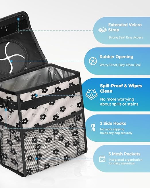 Corduroy Car Trash Can with Lid and Mesh Pockets - Leakproof Organizer,Multipurpose Waterproof Garbage Can/Trash Bin for Car(Black Floral-3 Gallons)